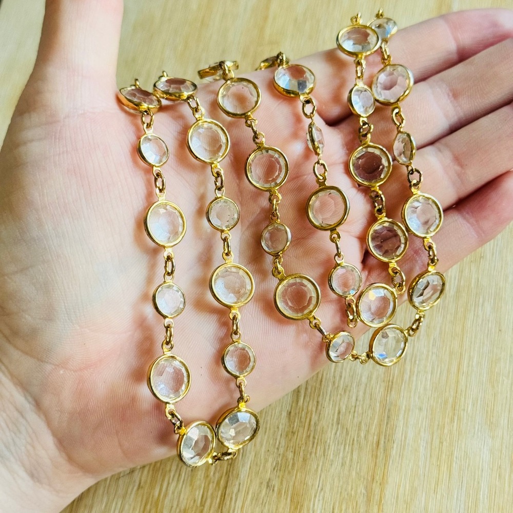 VTG Open Bezel Austrian Clear Crystal Necklace Gold Plated Regal Strand 35"